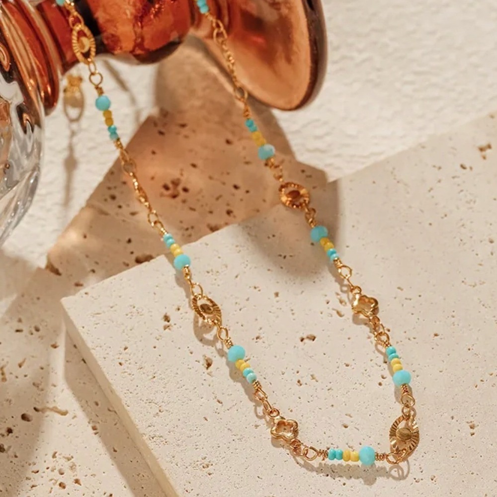 Gold Tone Blue and Yellow Beaded Evil‎ Eye Clover Filigree Chain Necklace Boho